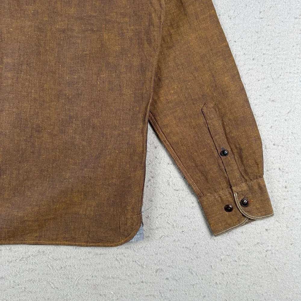 32 Bar Blue Button Up Shirt Men's Medium Metallic Copper Bronze Cotton Linen - Picture 14 of 16